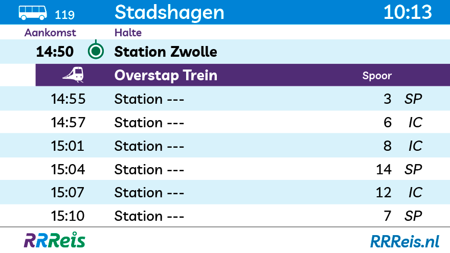 RRReis Businformatiescherm stad-en-streek overstap trein alternatief